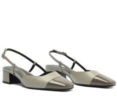 Sapatilha Slingback Salto Bloco Cinza Ponta Verniz Prateada