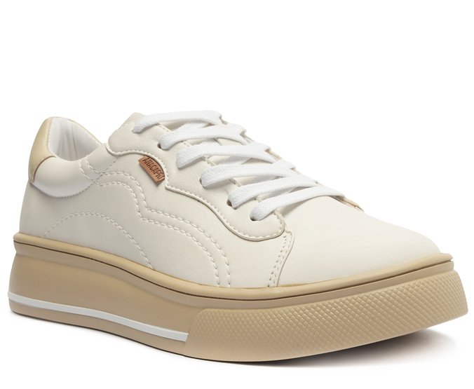 Tênis Casual Sola Pontilhada Branco e Bege