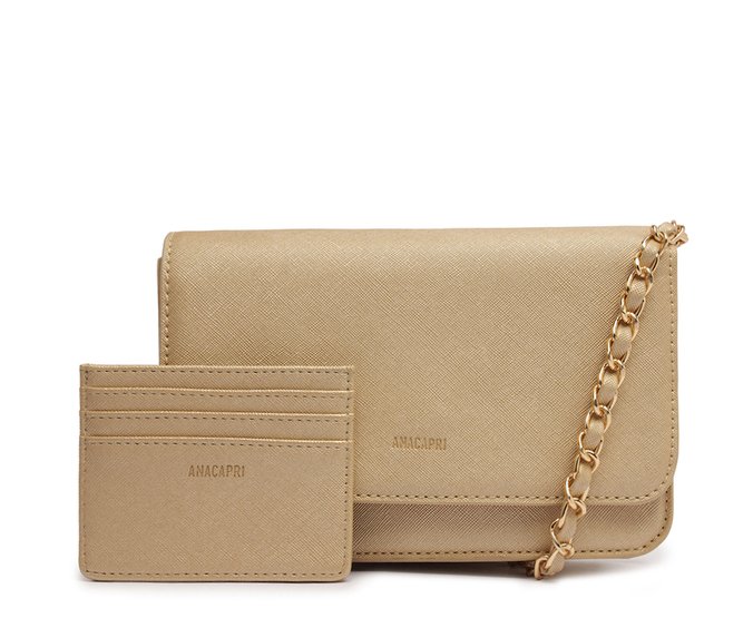 Kit de Bolsa Tiracolo Média e Porta Cartão Dourado