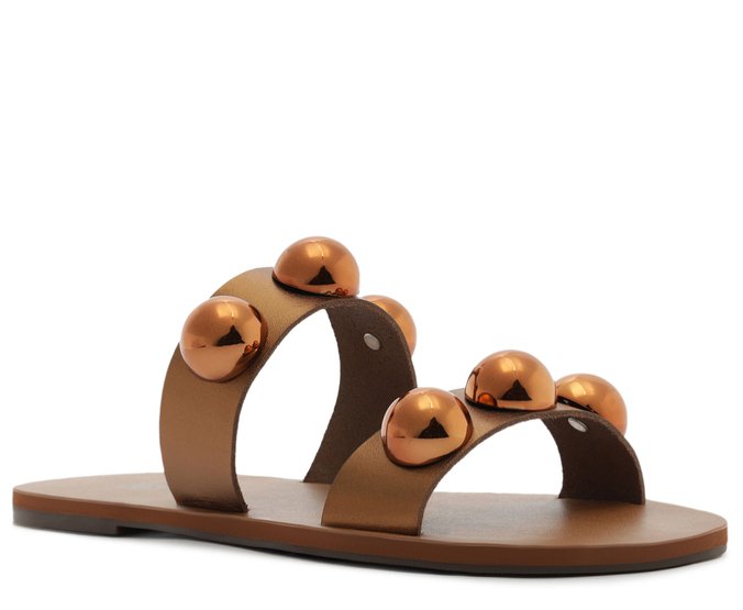 Rasteira Tiras Paralelas Esfera Pop Couro Bronze