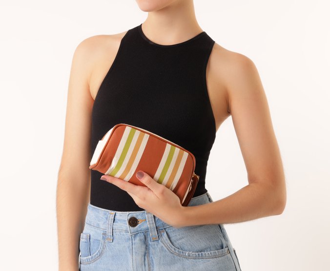 Necessaire Pequena Lona Tricolor Marrom e Verde