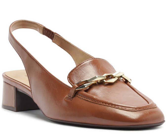 Mocassim Slingback Salto Bloco Corrente Marrom