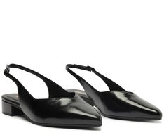 Sapatilha Slingback Salto Bloco Corte Triangular Preta Brilhosa