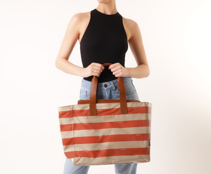 Bolsa Shopping Grande Listras Vinil Laranja
