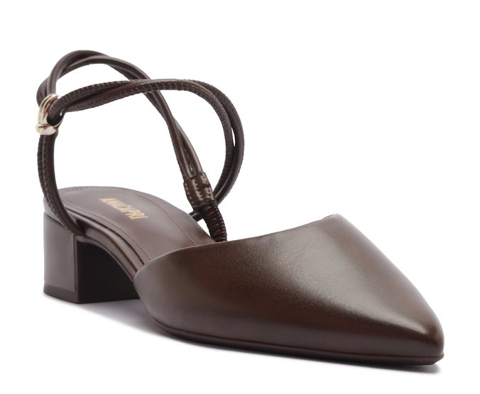 Scarpin Slingback Tiras Finas Detalhe Metal Marrom