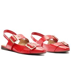 Sapatilha Slingback Tiras Fivela Verniz Vermelha