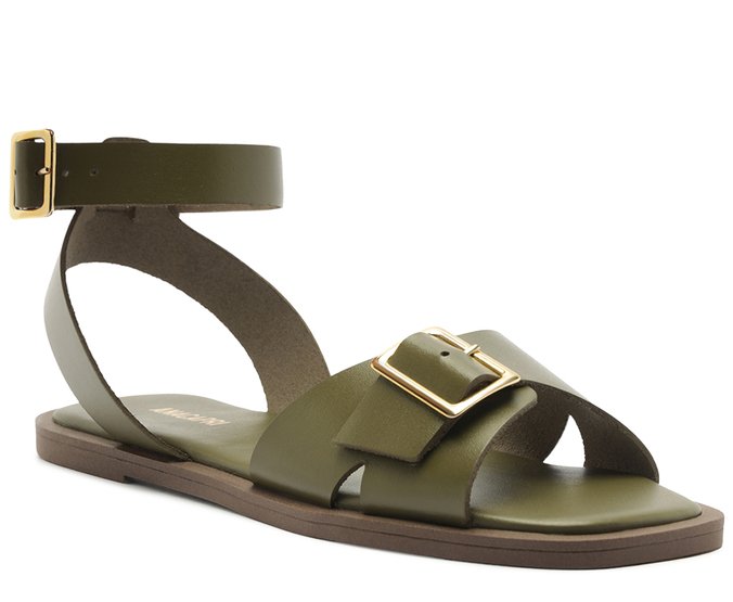 Sandália Rasteira Fivela Couro Verde