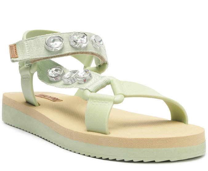 Sandália Papete Fechamento Velcro Strass Verde