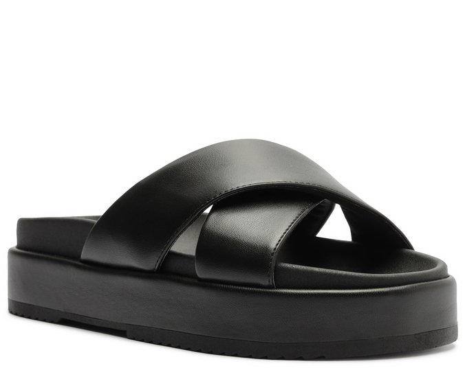 Sandália Preto Flatform Bico Redondo Tiras Cruzadas