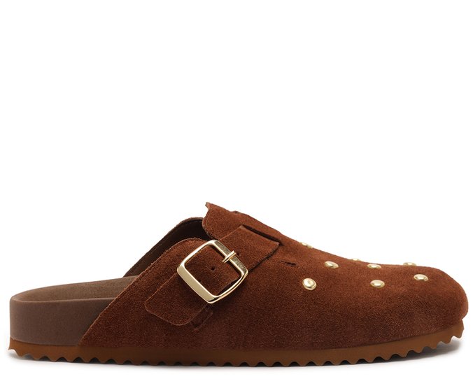 Mule Clog Tachas Couro Marrom