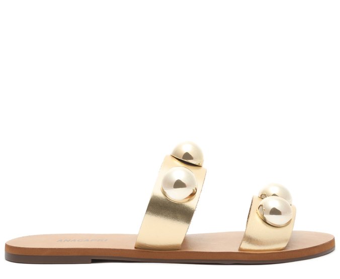 Rasteira Tiras Paralelas Esfera Pop Couro Dourada