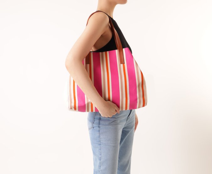 Bolsa Shopping Grande Lona Tricolor Rosa e Laranja