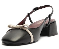 Sapatilha Slingback Salto Bloco Laço Reto Preta E Branca