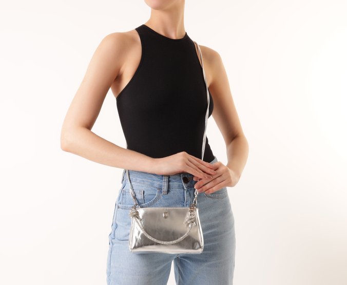 Bolsa Tiracolo Pequena Alça Strass Prata