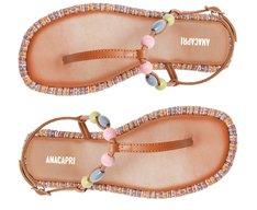 Sandália Slim Pespontos Missangas Multicolor E Marrom