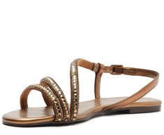 Sandália Tira Curva Cristais Bronze