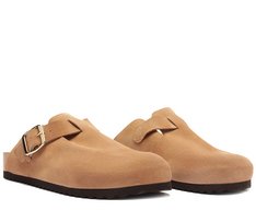 Mule Clog Acamurçada Couro Bege
