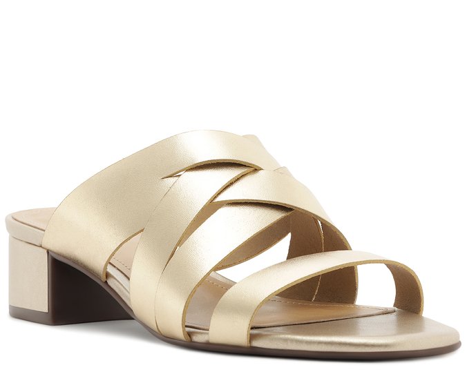 Tamanco Tiras Entrelaçadas Couro Dourado