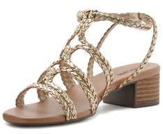 Sandália Gladiadora Salto Bloco Tiras Boho Dourada
