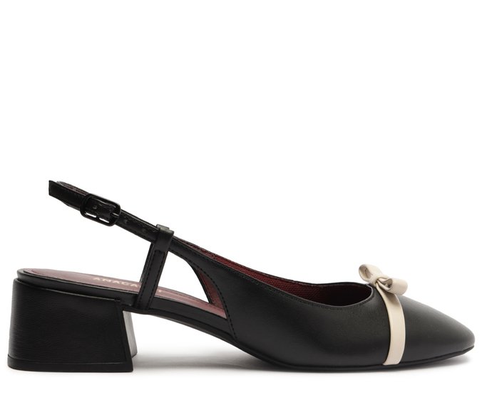 Sapatilha Slingback Salto Bloco Laço Reto Preta E Branca
