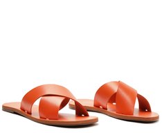 Rasteira Tiras Cruzadas Couro Monocolor Laranja