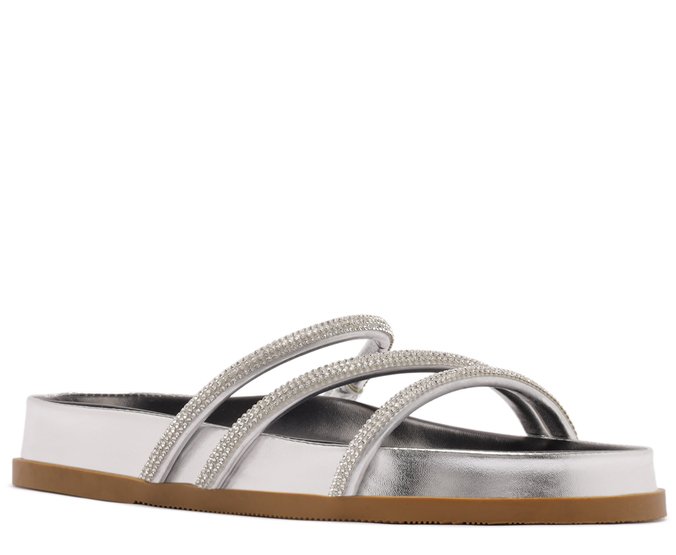 Rasteira Papete Três Tiras Pedrarias Prateada