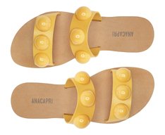 Rasteira Tiras Paralelas Esfera Pop Couro Amarela