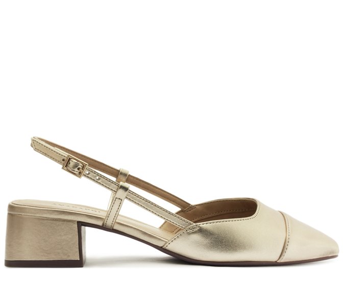Sapatilha Slingback Salto Bloco Ponta Dourada