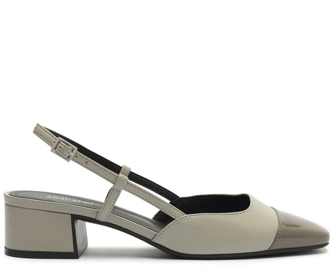 Sapatilha Slingback Salto Bloco Cinza Ponta Verniz Prateada