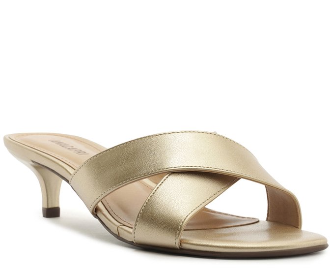 Tamanco Salto Fino Tiras Cruzadas Dourado