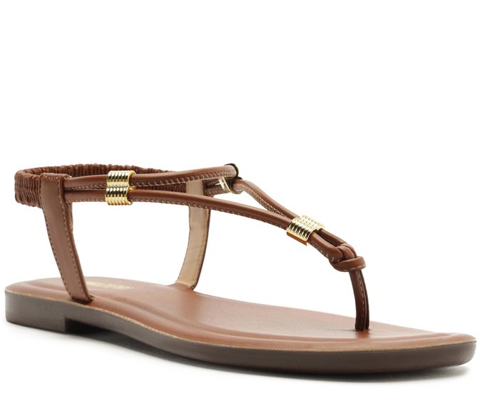 Sandália Rasteira Slim Tira T Apliques Marrom