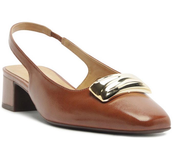 Scarpin Slingback Placa Metálica Marrom