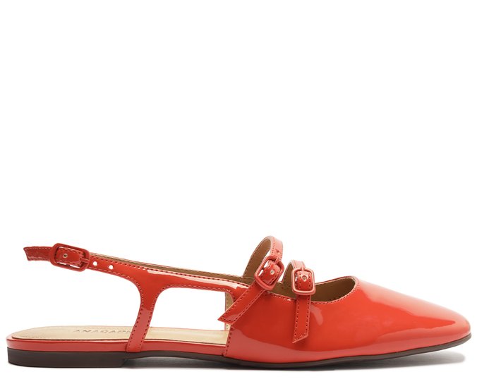 Sapatilha Slingback Bico Quadrado Tiras Verniz Vermelha