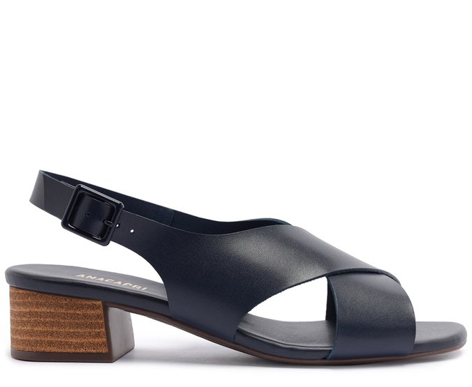 SandÃ¡lia Salto Bloco Tiras Cruzadas Couro Azul