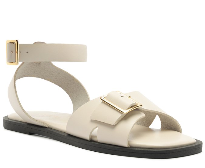Sandália Rasteira Fivela Couro Branca