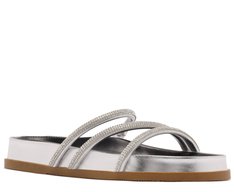 Rasteira Papete Três Tiras Pedrarias Prateada