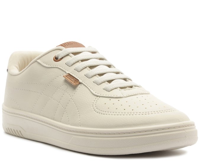 Tênis Casual Pespontos Branco Off e Marrom