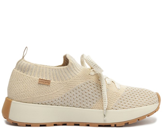 Tênis de Amarrar Knit Brilhoso Nude Lavínia