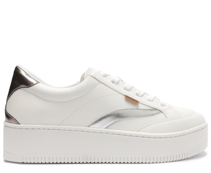 Tênis Sola Alta Flatform Recortes Prata e Branco