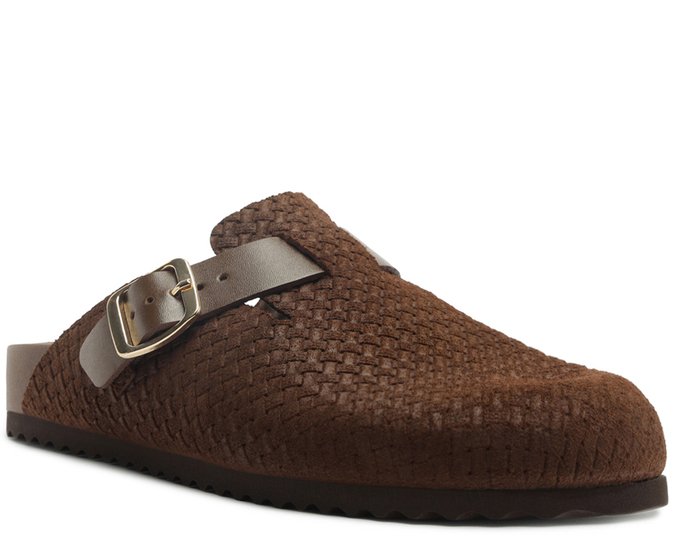 Mule Clog Acamurçada Couro Tressê Marrom