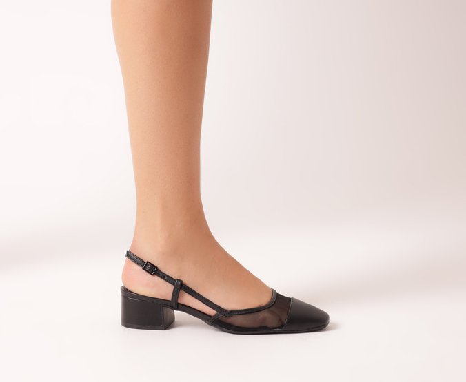 Sapatilha Slingback Tela Transparência Salto Preta
