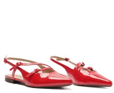 Sapatilha Slingback Bico Fino Duas Tiras Verniz Vermelha