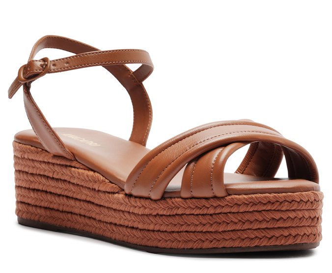 Sandália Plataforma Corda Pespontos Marrom