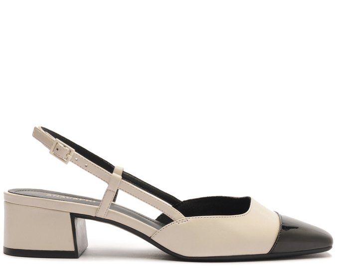 Sapatilha Slingback Salto Bloco Bege Ponta Verniz Preta