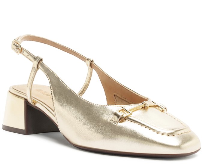 Scarpin Slingback Salto Bloco Bridão Dourado
