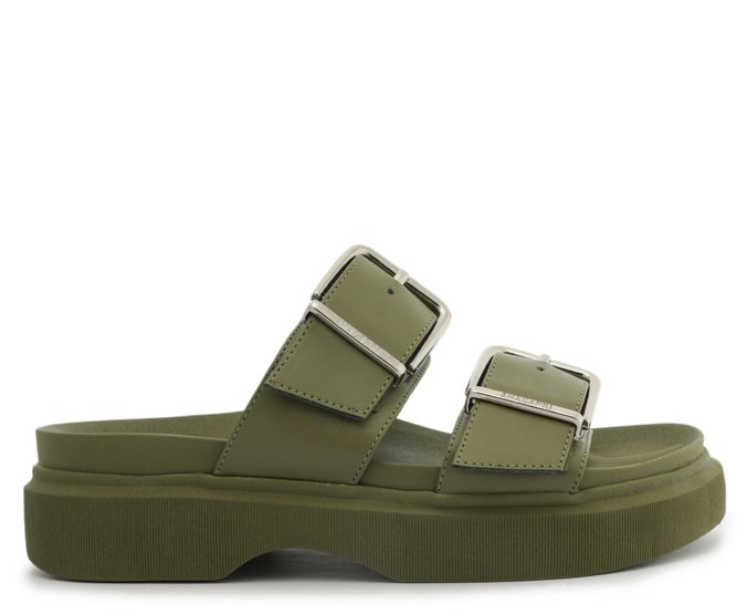 Sandália Flatform Verde Tira Dupla com Fivela