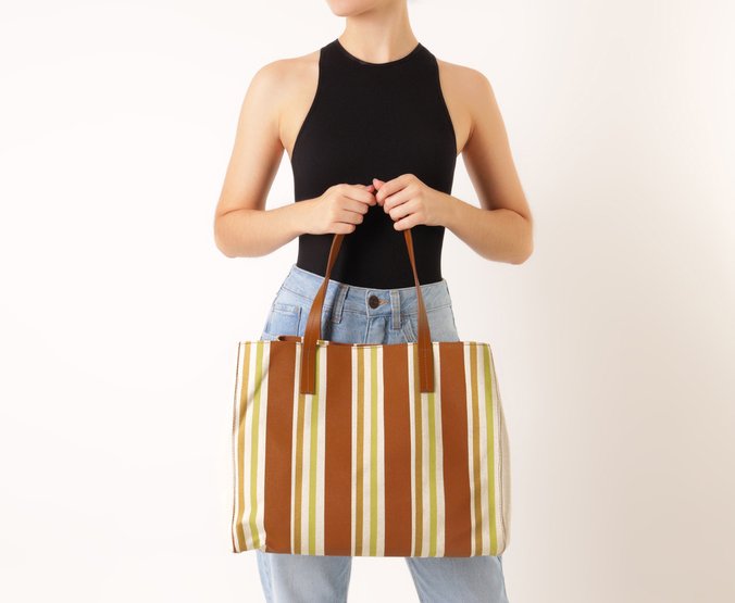 Bolsa Shopping Grande Lona Tricolor Marrom e Verde