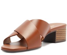 Sandália Mule Salto Bloco Tiras Cruzadas Couro Marrom