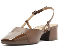 Sapatilha Slingback Salto Bloco Ponta Verniz Marrom