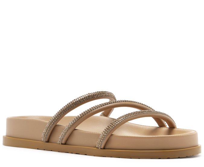 Rasteira Papete Três Tiras Pedrarias Bege